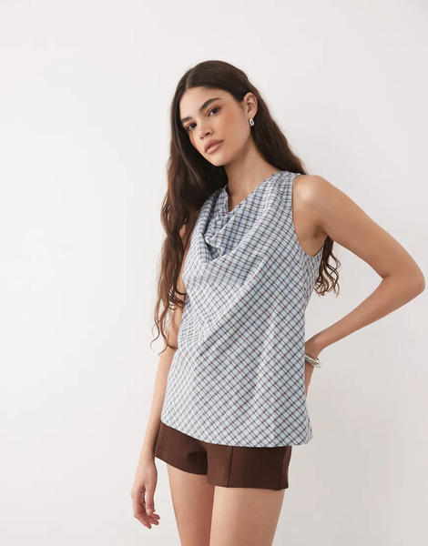  Nobody's Child Nobody's Child - Bonbon - Blusa A Cuadros Azul Claro Sin Mangas Con Cuello Desbocado De Algodón-multicolor 