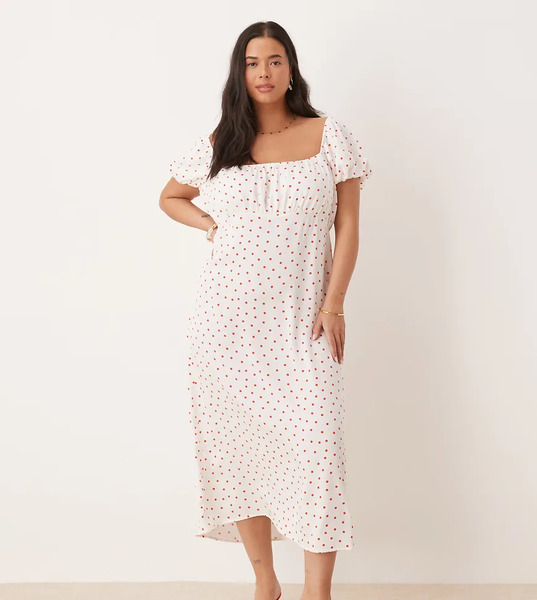  Nobody's Child Plus Vestido Midi Blanco Con Estampado De Lunares Rojos Y Mangas Abullonadas Raven De Nobody's Child Plus 
