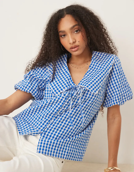  Nobody's Child Top A Cuadros Vichy Azules Con Mangas Abullonadas Y Solapas Grandes Birdie De Nobody's Child-multicolor 
