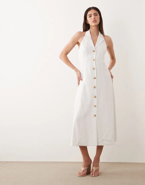  Nobody's Child Vestido De Sastre Midi Blanco Con Cuello Halter Y Detalle De Solapas De Mezcla De Lino De Nobody's Child 