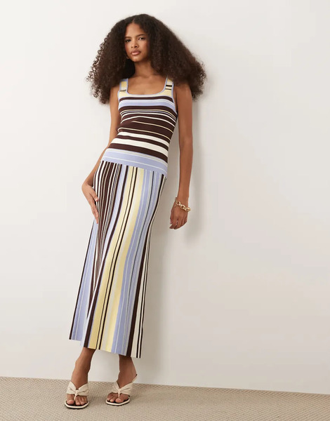  Nobody's Child Nobody's Child - Vestido Midi A Rayas Marrones Y Azules Con Escote Cuadrado Y Cintura Baja-multicolor 