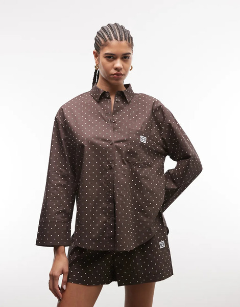 Noisy May Camisa Marrón Chocolate Extragrande Con Estampado De Lunares De Noisy May (parte De Un Conjunto)-brown 