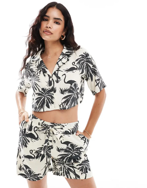  Noisy May Camisa Resort Corta Color Crema De Corte Cuadrado Con Estampado De Palmeras De Noisy May (parte De Un Conjunto)-blanco 