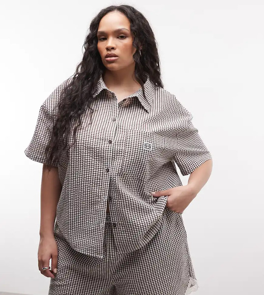  Noisy May Curve Camisa A Cuadros Vichy Marrón Chocolate De Manga Corta Y Corte Cuadrado De Sirsaca De Noisy May Curve (parte De Un Conjunto)-brown 