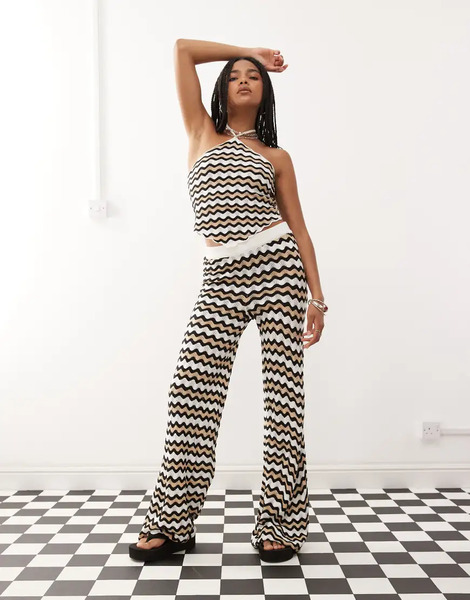  Noisy May Pantalones Negros Y Beis Sueltos Con Diseño De Ondas De Croché De Noisy May (parte De Un Conjunto)-neutro 