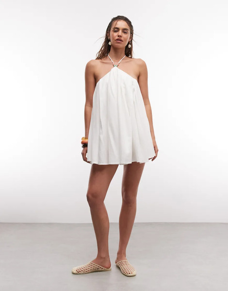  Noughts & Kisses Noughts & Kisses - Vestido Corto Color Crema Con Cuello Halter, Cordones En La Espalda Y Detalle De Tirantes De Cuentas De Mezcla De Lino-neutro 