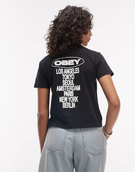  Obey Camiseta Negra De Manga Corta Con Estampado Gráfico De Nombres De Ciudades En La Espalda De Obey-negro 