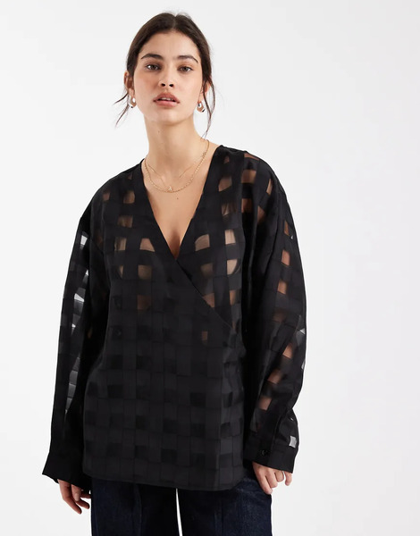  Object Blusa Negra Extragrande Cruzada En La Parte Delantera Con Patrón A Cuadros Transparentes De Object-negro 