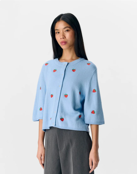  Object Cárdigan Azul De Manga Corta Con Estampado De Fresas De Object 