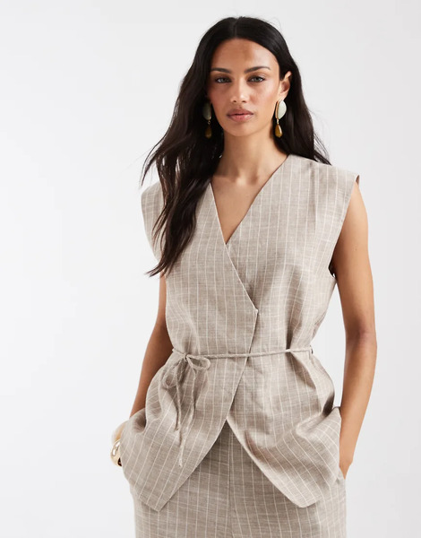  Object Object - Chaleco De Traje Color Crema A Rayas Blancas Cruzado Con Lazada Delantera En La Cintura De Tejido Efecto Lino (parte De Un Conjunto)-blanco 
