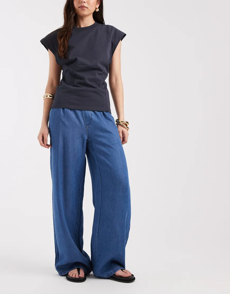  Object Pantalones Azul Medio De Pernera Ancha De Cambray De Object 