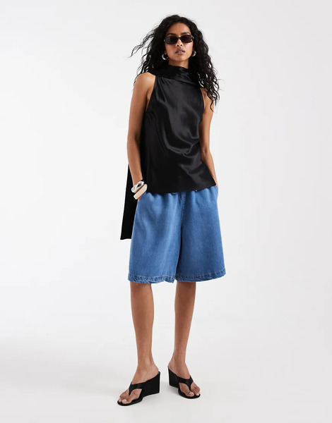  Object Object - Pantalones Cortos Vaqueros Azul Claro De Corte Alargado Con Lazada En La Cintura De Cambray Drapeado 