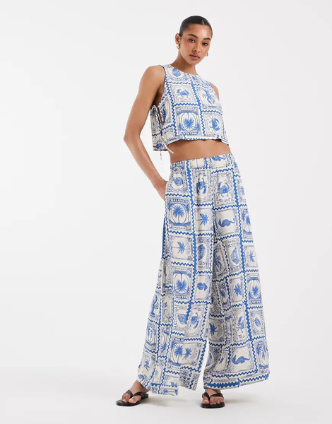 Object Pantalones Palazzo Azules Y Blancos De Corte Muy Ancho Con Estampado De Postal Marina De Object (parte De Un Conjunto) 