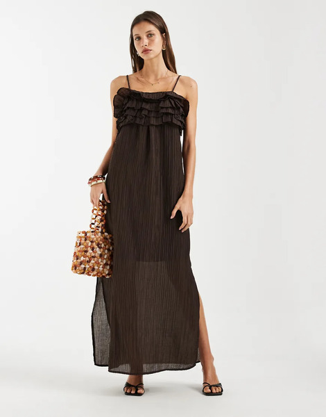  Object Object - Vestido Largo Marrón Chocolate De Tirantes Con Detalle De Volantes Escalonados De Tejido Texturizado 