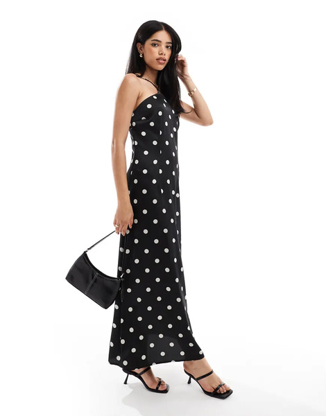  Object Vestido Largo Negro Con Estampado De Lunares Y Cuello Halter De Object 
