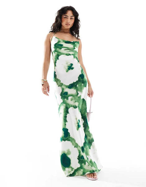  Object Vestido Lencero Largo Verde Con Estampado Floral Abstracto Y Espalda Baja De Tirantes Cruzados De Satén De Object 