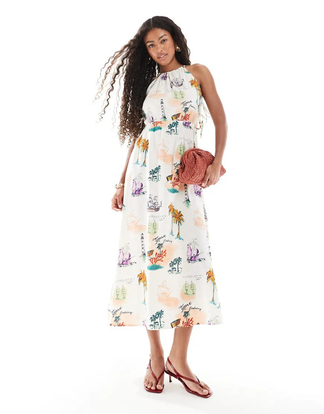 Object Vestido Midi Con Cuello Halter, Detalle De Lazadas En El Lateral Y Estampado De Postales Vacacionales De Object-blanco 