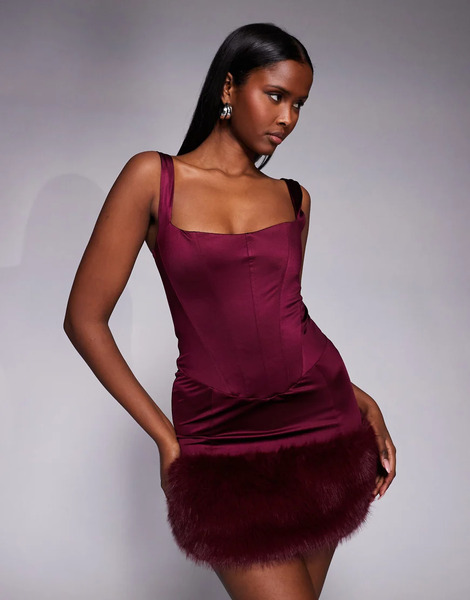  Oh Polly Vestido Corto Rojo Vino Estilo Corsé De Satén Con Escote Cuadrado Y Ribete De Piel Sintética De Oh Polly 