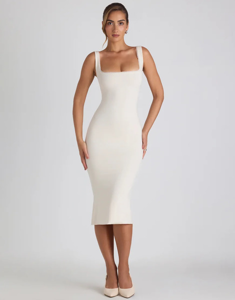  Oh Polly Oh Polly - Vestido Midi Blanco Marfil Ajustado De Modal Con Escote Cuadrado, Espalda Ancha Y Ribete De Encaje-negro 