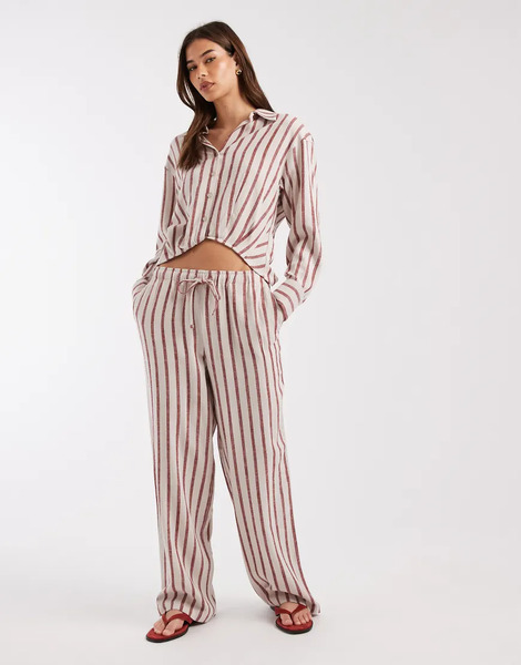  Only Pantalones Beis A Rayas Rojas Con Lazada En La Cintura De Tejido Con Lino De Only (parte De Un Conjunto)-rojo 