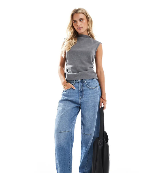  Only Petite Vaqueros Azul Medio De Pernera Barrel Con Panel Lateral De Only Petite 