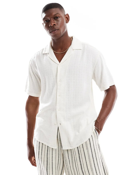  Only & Sons Camisa Blanca De Manga Corta De Tejido Texturizado De Mezcla De Lino De Only & Sons (parte De Un Conjunto)-blanco 
