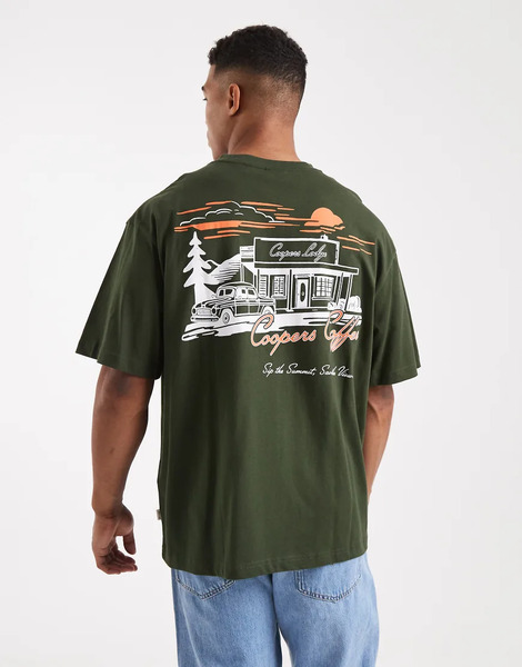  Only & Sons Camiseta Verde Oscuro Holgada De Corte Vintage Con Estampado De Cafetería En La Espalda De Only & Sons 