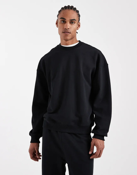  Only & Sons Sudadera Negra Extragrande Con Cuello Redondo De Tejido Grueso De 400 G/m² Premium De Only & Sons (parte De Un Conjunto)-negro 