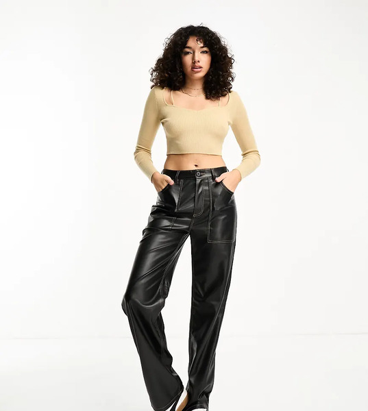  Only Tall Pantalones Negros De Talle Alto Y Pernera Ancha Con Pespuntes En Contraste De Cuero Sintético De Only Tall 