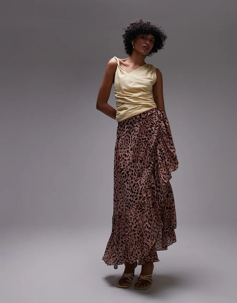   Other Stories Falda Larga Escalonada Con Estampado De Leopardo Y Bajo Asimétrico De Chifón De & Other Stories-marrón 