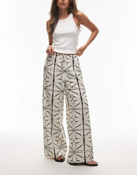   Other Stories Pantalones Blanco Hueso De Pernera Ancha Con Patrón Negro Y Cordón Ajustable En La Cintura De Lino De & Other Stories-multicolor 