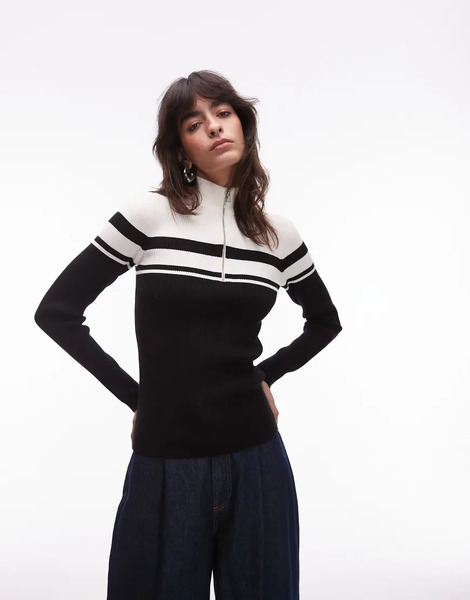   Other Stories Top Negro Y Blanco De Corte Slim Con Cuello Alzado, Cremallera Y Diseño Color Block A Rayas De Punto Fino De & Other Stories-multicolor 