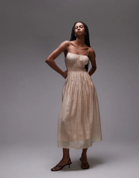   Other Stories Vestido Midi Beis De Tirantes Finos De Estilo Mesonera Con Cuerpo Fruncido De & Other Stories-blanco 
