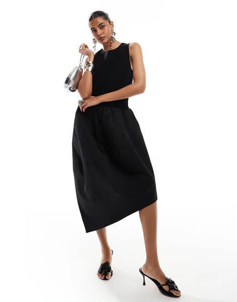   Other Stories Vestido Midi Negro Sin Mangas Con Bajo Asimétrico De Mezcla De Tejidos En Contraste De & Other Stories 