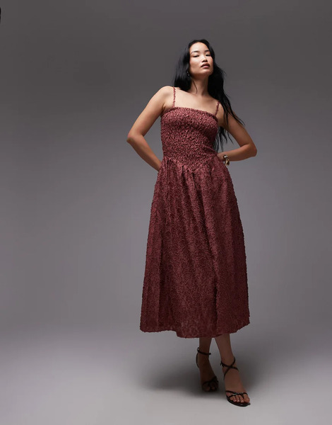   Other Stories Vestido Midi Rosa Granada Con Diseño Floral Tridimensional, Cintura Baja De Pico Y Tirantes Extraíbles De & Other Stories-rojo 