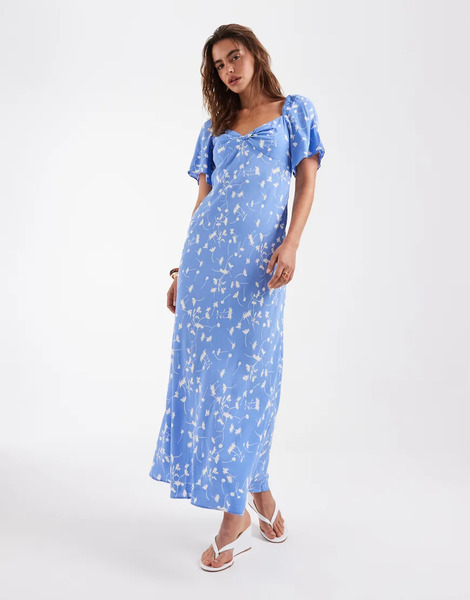   Other Stories Vestido Semilargo Azul Con Estampado Floral, Mangas Abullonadas, Escote Corazón Y Detalle Retorcido De Viscosa De & Other Stories 
