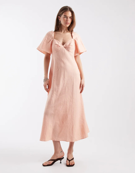   Other Stories Vestido Semilargo Rosa Melocotón Con Mangas Abullonadas Y Escote Corazón Con Detalle Retorcido De Lino De & Other Stories 