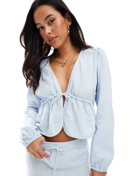  Pieces Blusa Corta Azul Claro Con Lazada Delantera De Algodón Efecto Rugoso De Pieces (parte De Un Conjunto) 