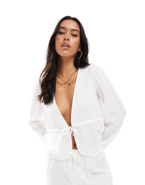  Pieces Blusa Corta Blanco Nube Con Lazada Delantera De Algodón Efecto Rugoso De Pieces (parte De Un Conjunto) 