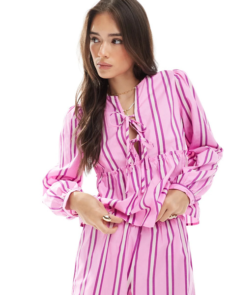  Pieces Blusa Rosa Y Morada A Rayas De Manga Larga Con Lazada Delantera De Pieces (parte De Un Conjunto)-multicolor 