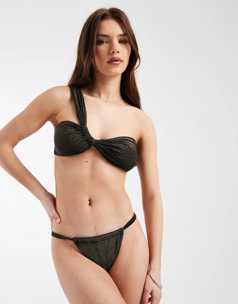  Pieces Braguitas De Bikini Negras Con Tiras Laterales Y Acabado De Purpurina Dorada De Pieces (parte De Un Conjunto)-negro 