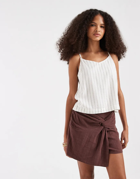  Pieces Falda Pantalón Marrón Caoba Intenso De Talle Alto Con Detalle Anudado De Algodón Texturizado De Pieces 