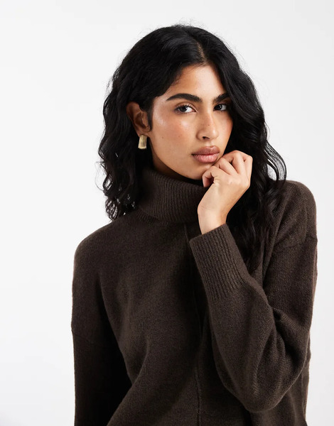  Pieces Jersey Marrón Chocolate Con Cuello Vuelto Y Detalle De Costura En La Parte Delantera De Pieces-brown 