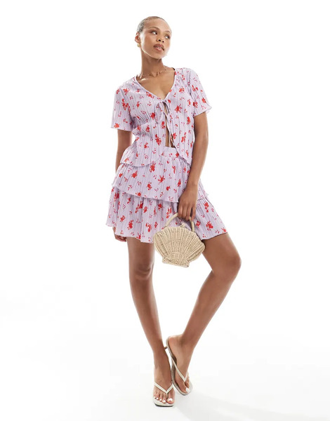  Pieces Minifalda Color Lavanda Plisada Y Escalonada Con Estampado Floral De Pieces (parte De Un Conjunto)-multicolor 