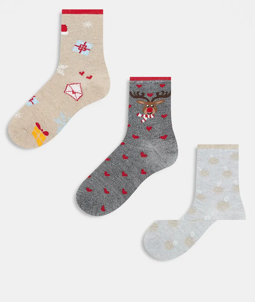  Pieces Pack De 3 Pares De Calcetines Gris Claro Melange Con Diseños De Navidad Y Acabado Efecto Purpurina De Pieces 