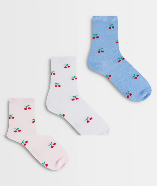  Pieces Pack De 3 Pares De Calcetines Tobilleros De Color Azul, Rosa Y Blanco Con Diseño De Cerezas De Pieces-multicolor 