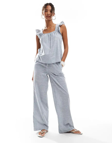  Pieces Pantalones Azules A Rayas De Pernera Ancha Con Lazada En La Cintura De Algodón Mix & Match De Pieces 