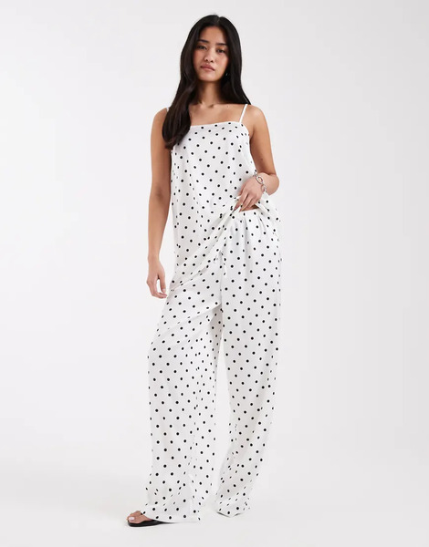  Pieces Pantalones Color Crema Con Estampado De Lunares Negros Y Lazada En La Cintura De Satén De Pieces (parte De Un Conjunto)-blanco 