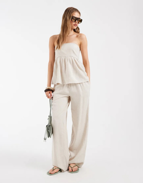  Pieces Pieces - Pantalones Color Crema Jaspeado Con Lazada En La Cintura De Mezcla De Lino (parte De Un Conjunto)-blanco 