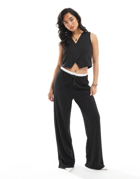 Pieces Pantalones De Sastre Negros De Pernera Ancha Con Raya Diplomática Y Detalle De Cinturilla Doble De Pieces (parte De Un Conjunto) 
